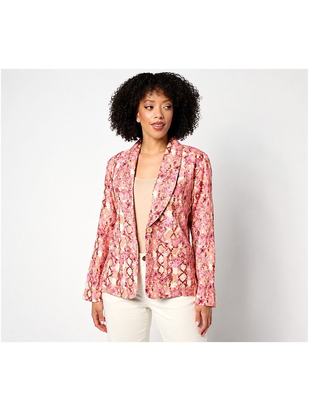 Susan Graver PURE Printed Gauze Relaxed Shawl Collar Jacket Rose Blush, X-Large